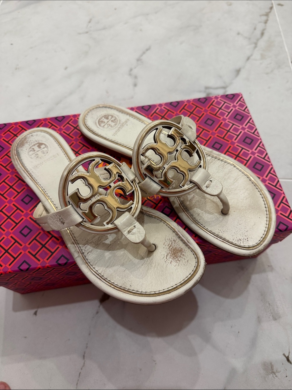 Tory Burch Metal Miller Logo Thong Sandals with Gold Medallions